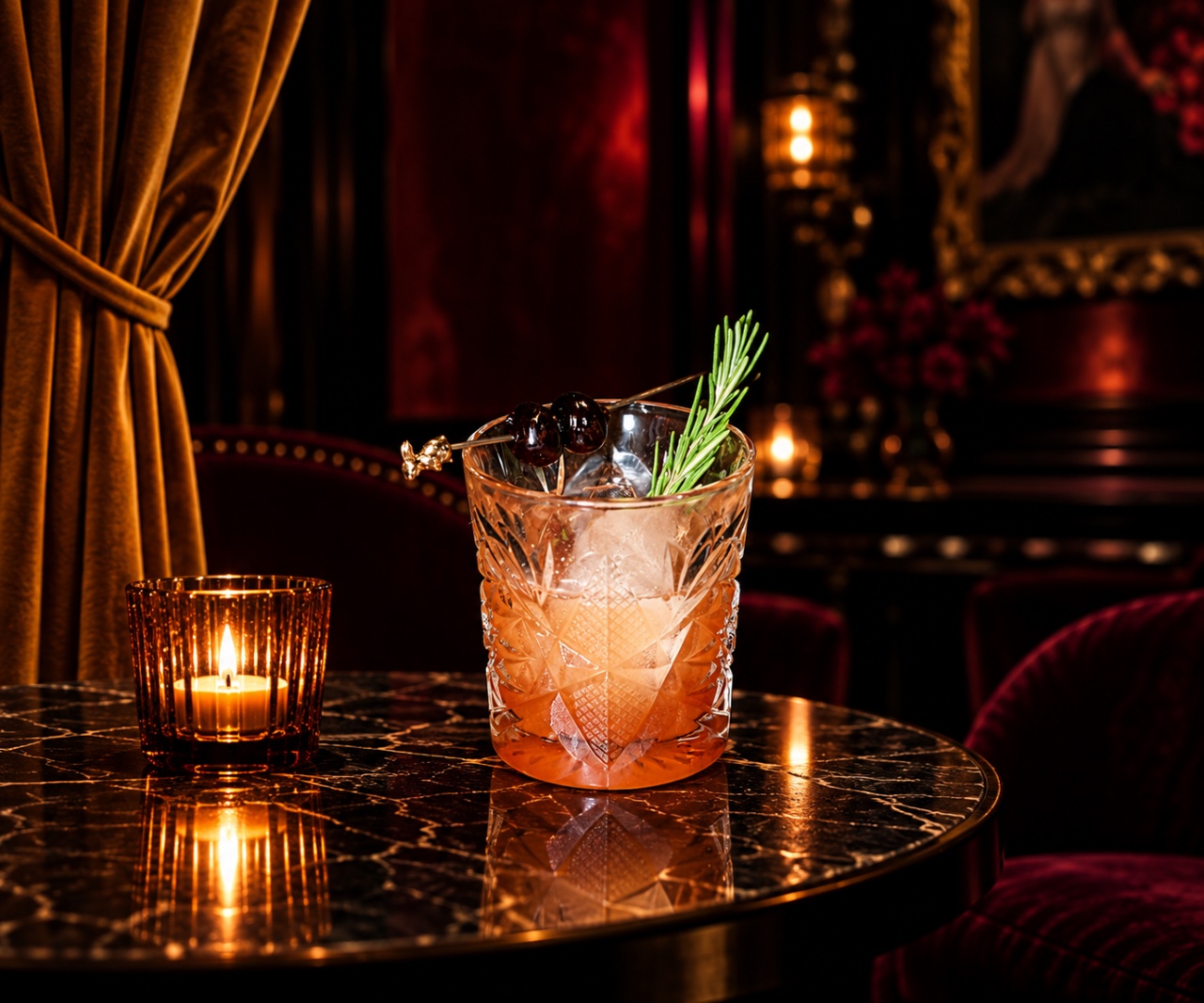 A Bad Rabbit cocktail, shot dark and close on marble.